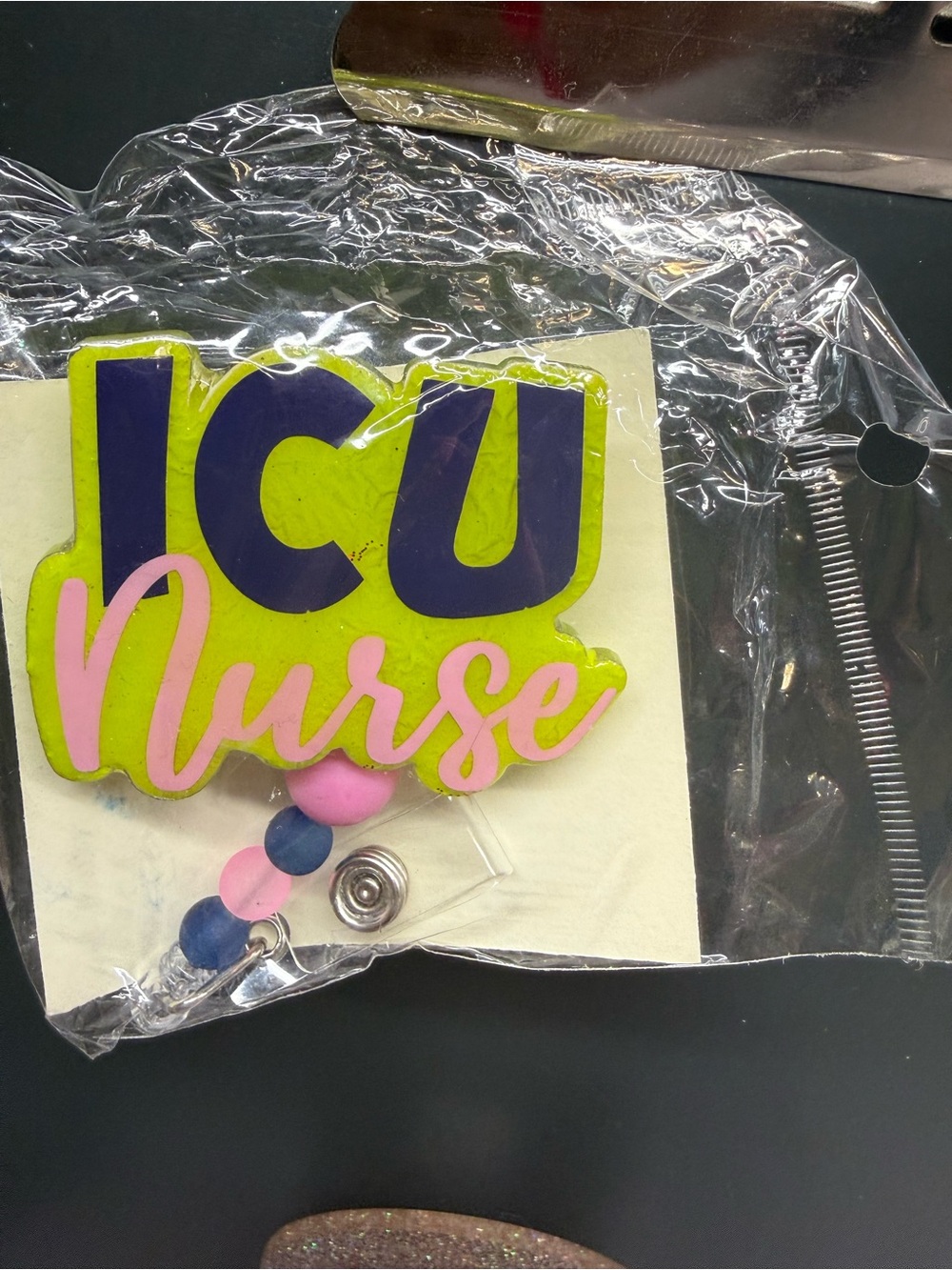 ICU Nurse Badge Reel - Neon Green, Navy & Pink